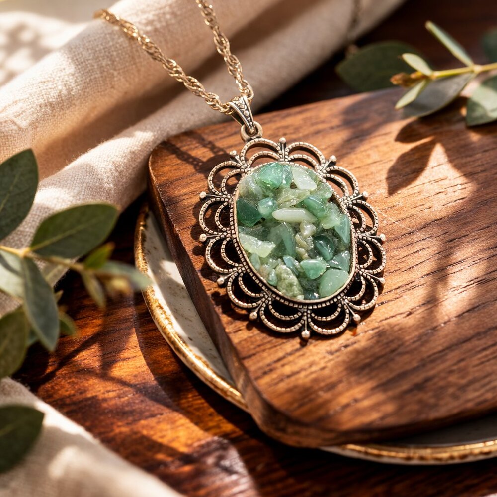 Rare Vintage crushed jade stone Victorian style ornate pendant necklace